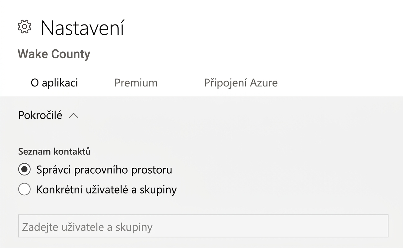 Kontakty pracovního prostoru Power BI