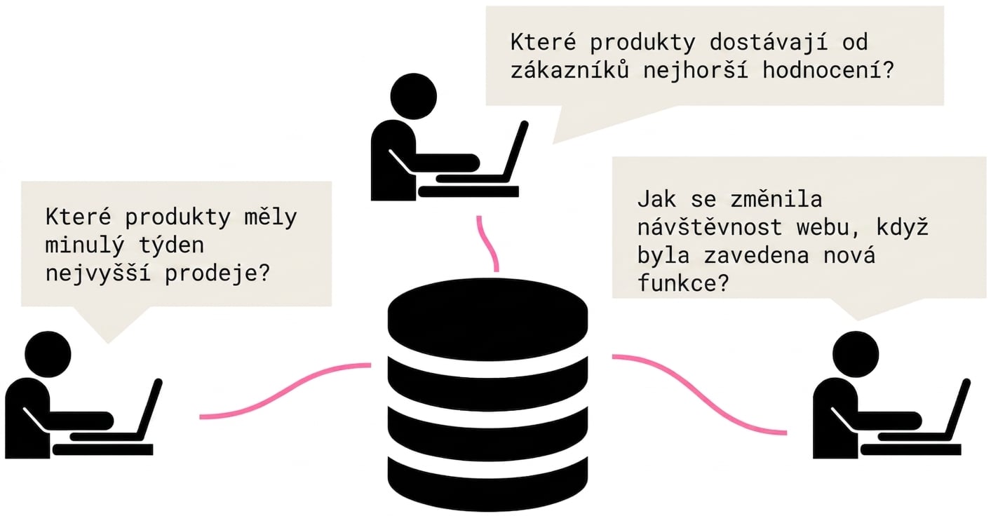 lidé pokládající obchodní dotazy databázi