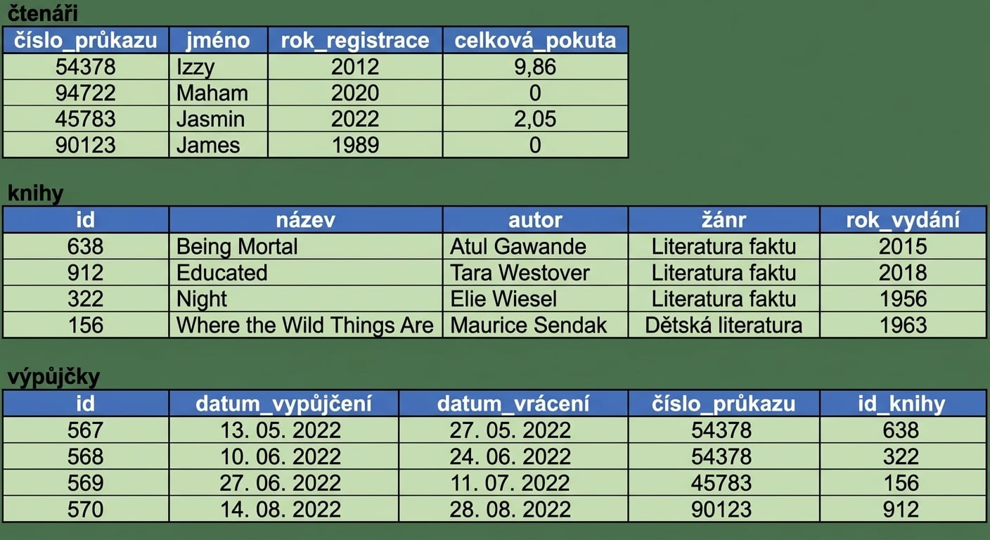 tři tabulky v databázi s ukázkovými daty