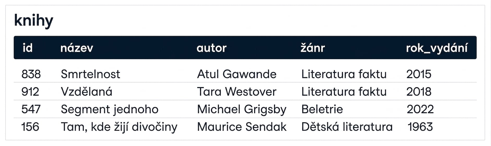 An image showing one table is called books and five columns: id, title, author, genre, pub_year.