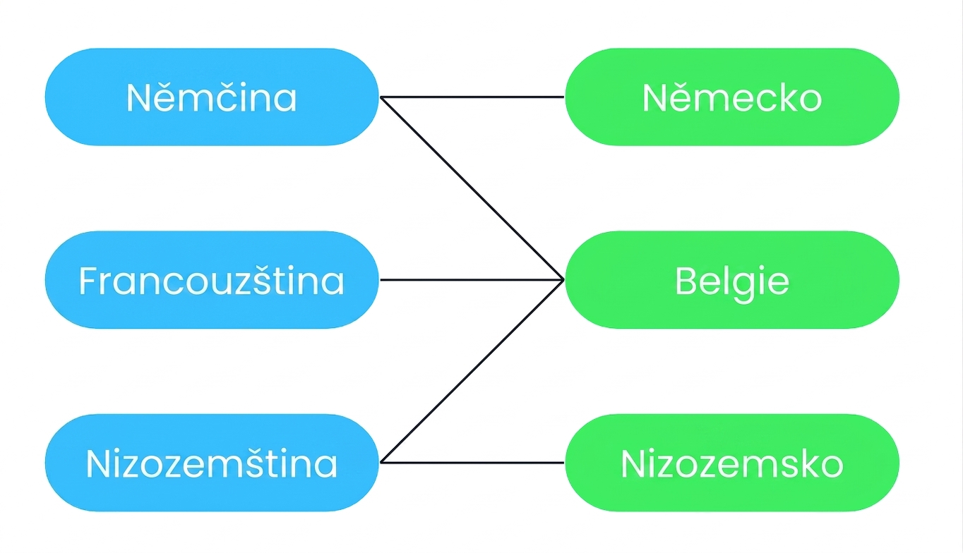 Diagram znázorňující, že mnoho jazyků může být spojeno s mnoha zeměmi a naopak. Belgie má tři úřední jazyky: francouzštinu, němčinu a nizozemštinu. Nizozemština je úředním jazykem jak Nizozemska, tak Belgie, ale nikoli Německa.