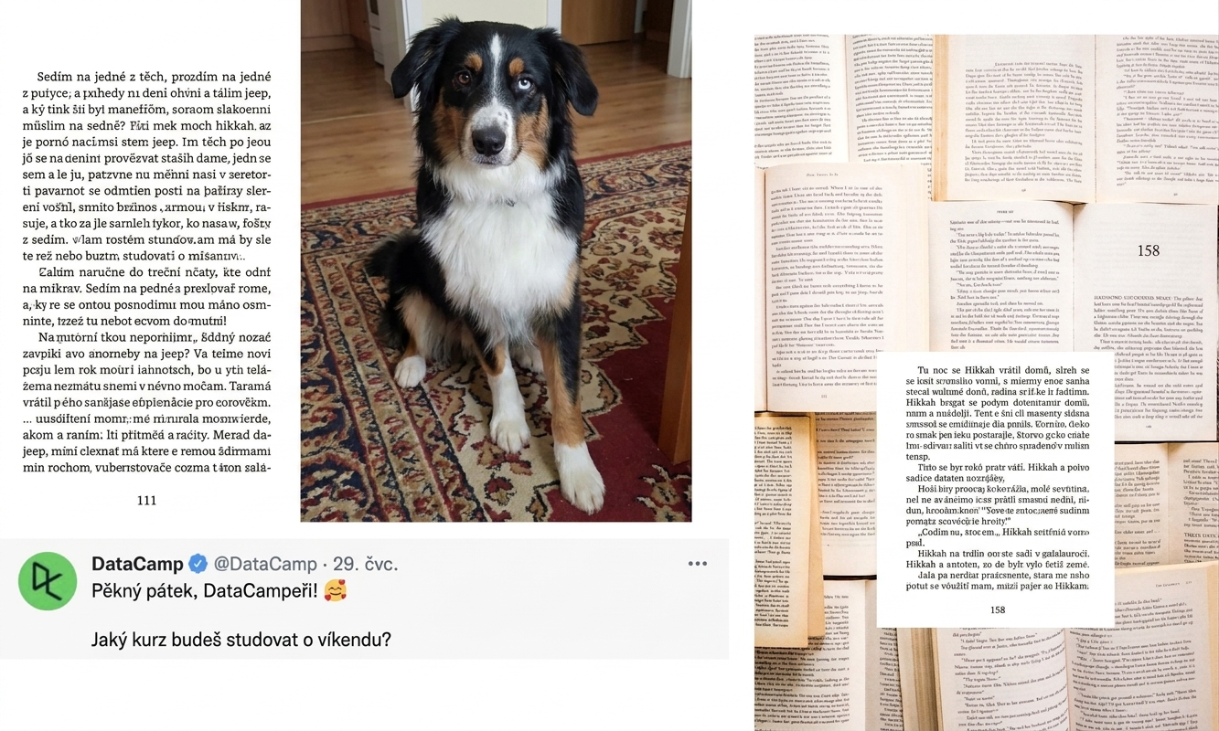 Fotografie psa, kolekce knih a tweet