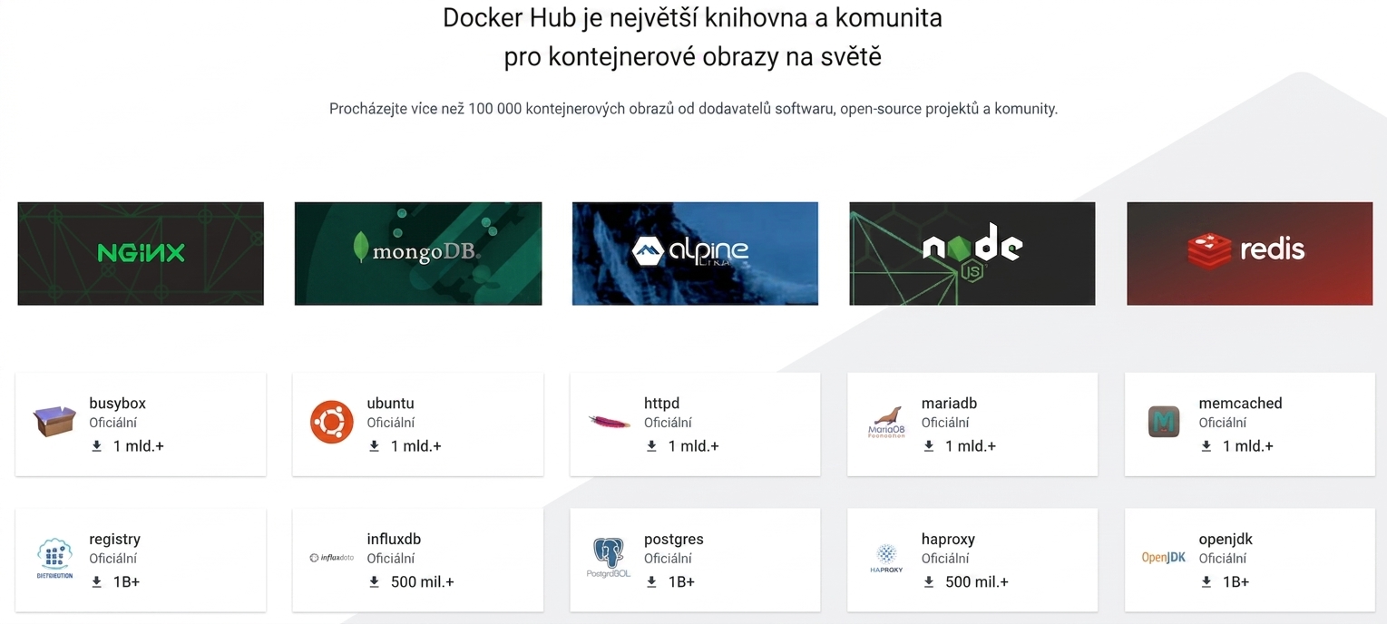 Docker Hub je největší světová knihovna a komunita obrazů kontejnerů. Obsahuje přes 100 000 obrazů od dodavatelů softwaru, open-source projektů a komunity. Příklady nejstahovanějších obrazů: Nginx, mongoDB, alpine linux, nodejs, redis, busybox a mnoho dalších.