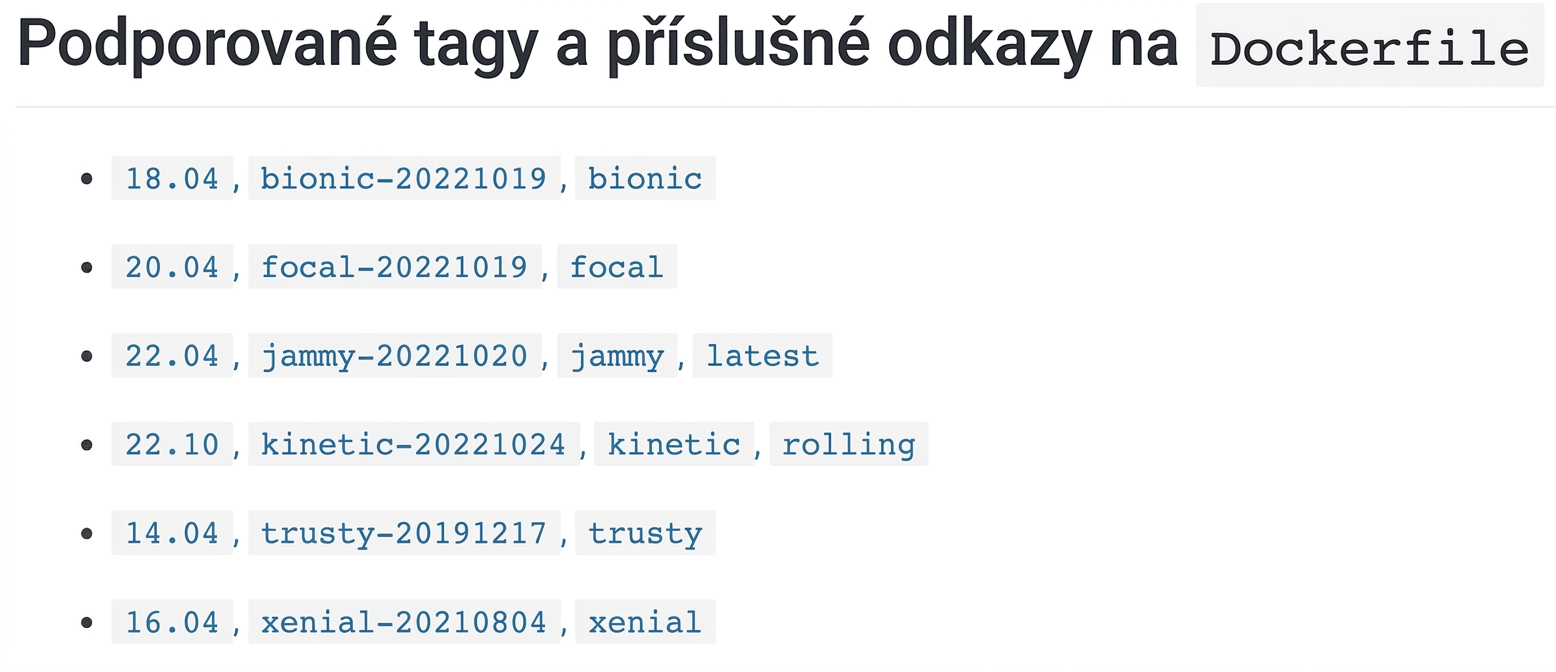 Docker obrazy mají mnoho verzí nebo tagů. Příklad zobrazuje 6 verzí obrazu ubuntu, například 18.04 s tagem bionic.