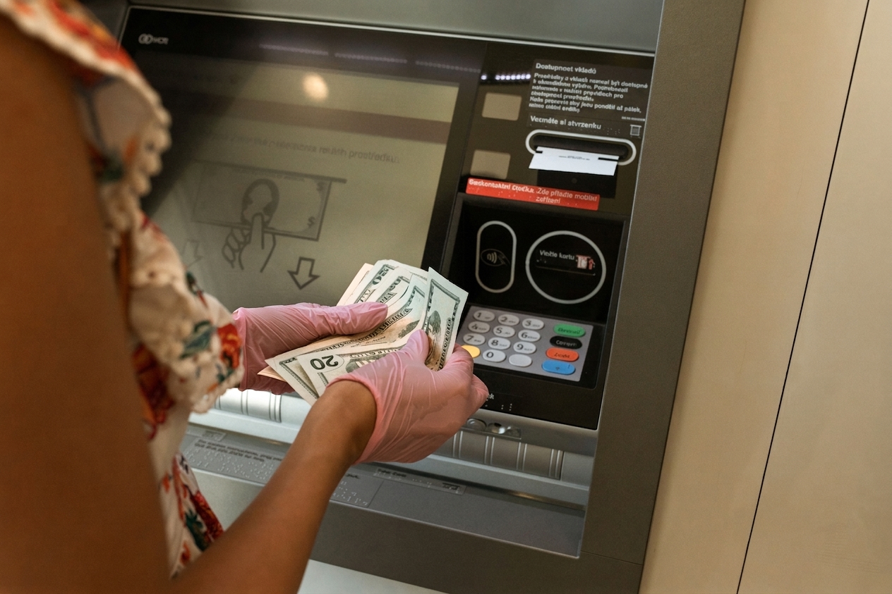 Portrét osoby přijímající peníze z bankomatu