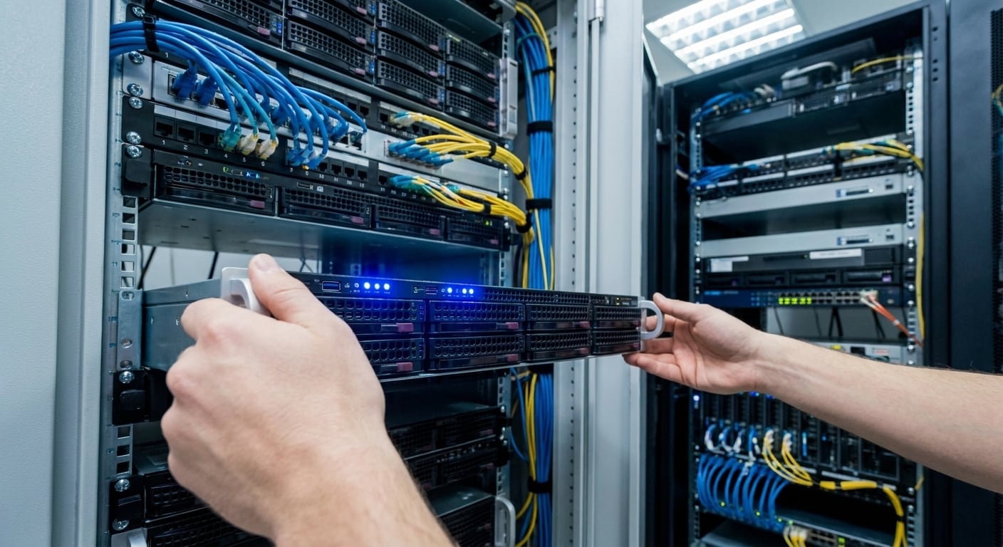 Instalace nového serveru do racku s počítačovým vybavením.