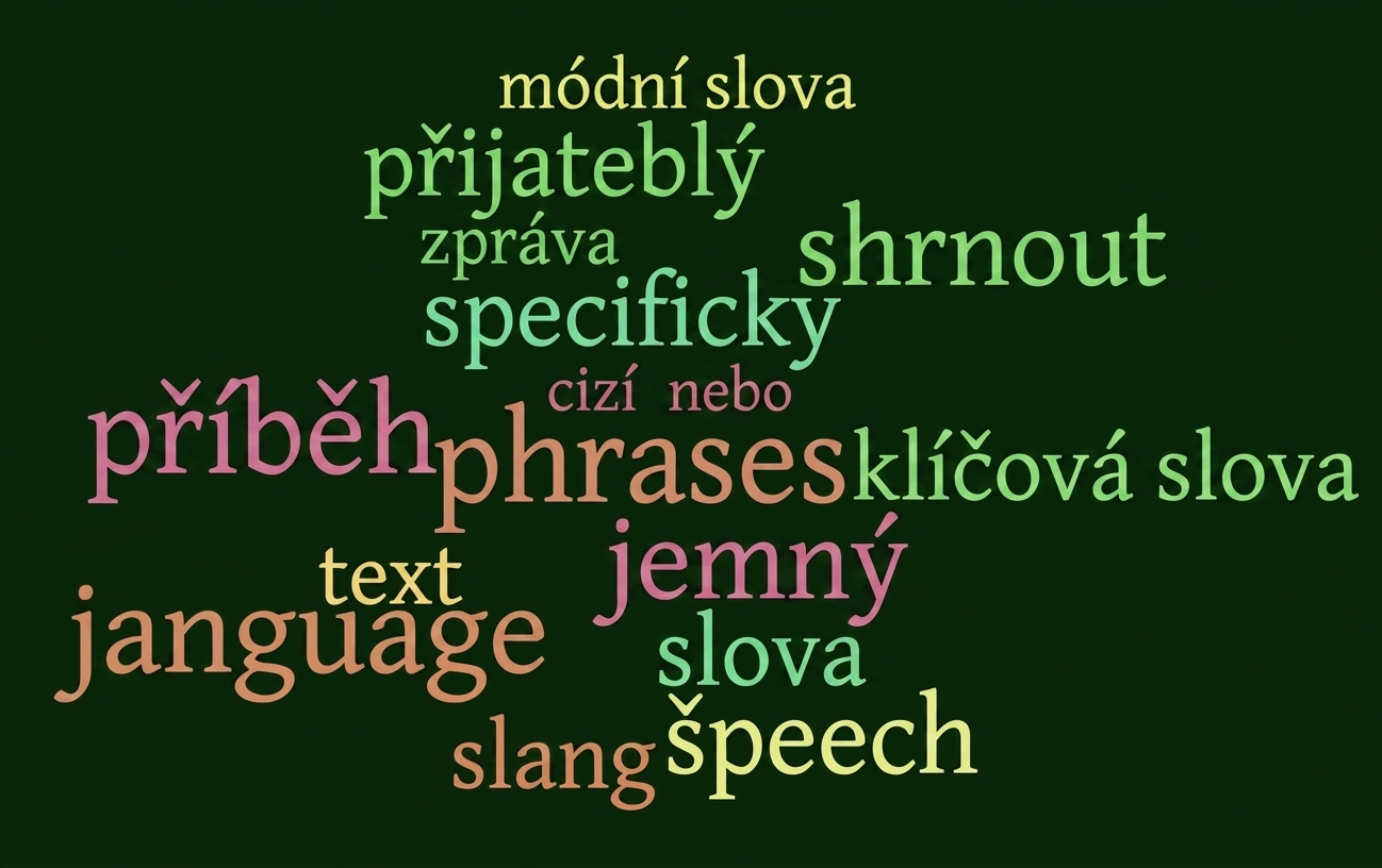 mrak slov zobrazuje slova vypravěče v různých barvách a na různých snímcích
