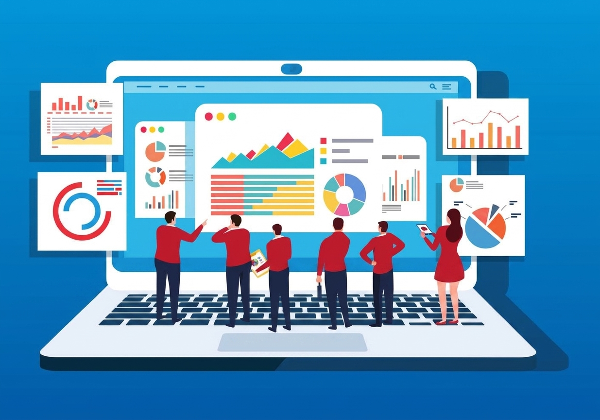 Skupina obchodních lidí analyzujících data