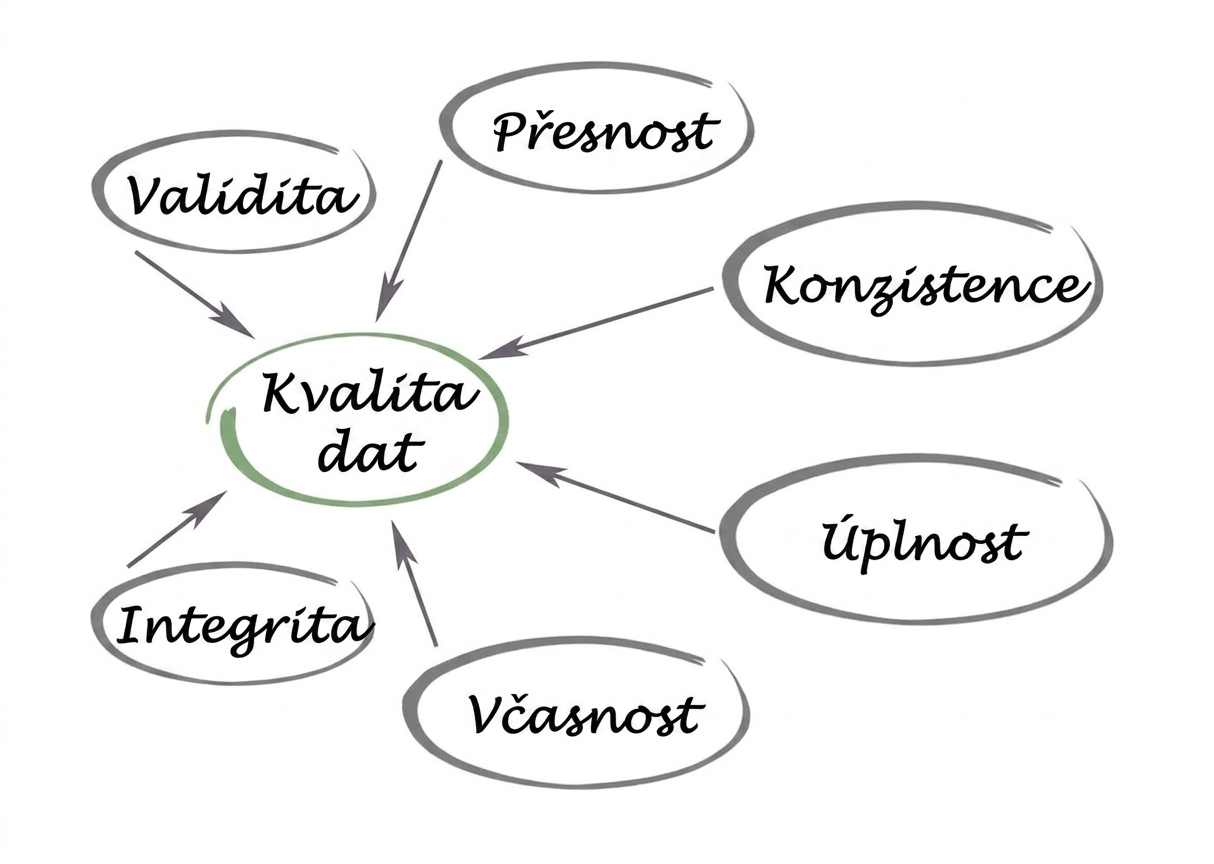 Diagram zobrazující kvalitu dat ve středu s ukazateli platnosti, přesnosti, konzistentnosti, úplnosti, včasnosti a integrity