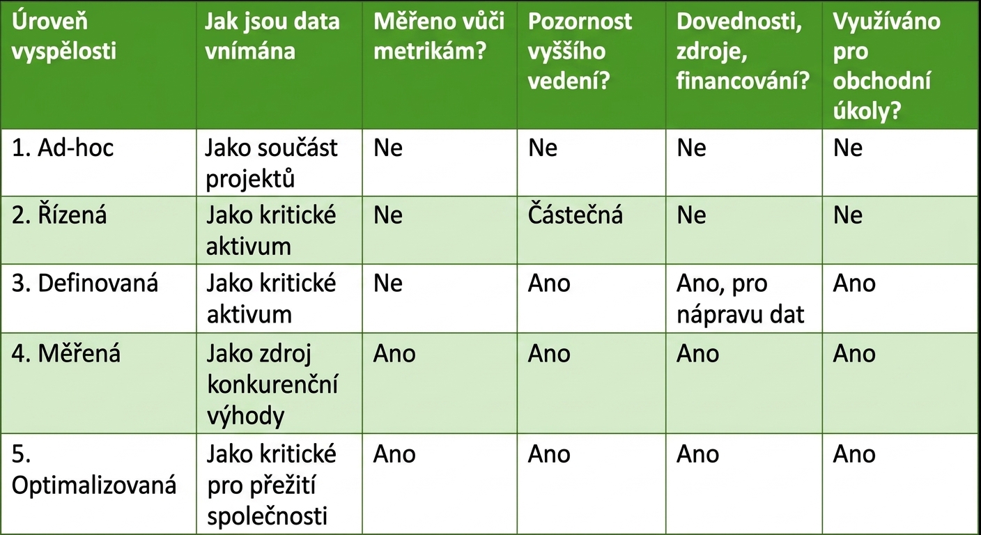 Graf zobrazující různé úrovně vyspělosti správy dat