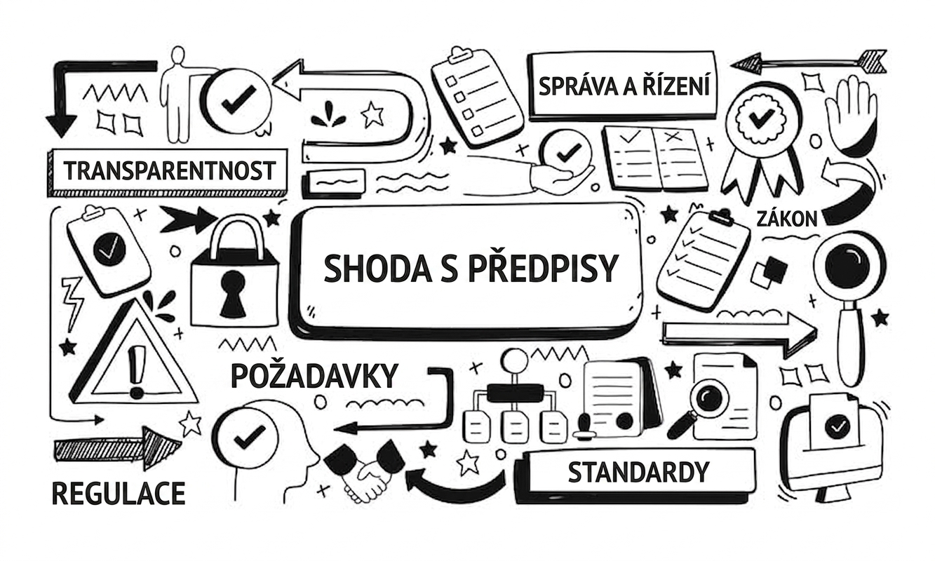 Obrázek se slovem „compliance" obklopeným pojmy jako správa, požadavky a regulace