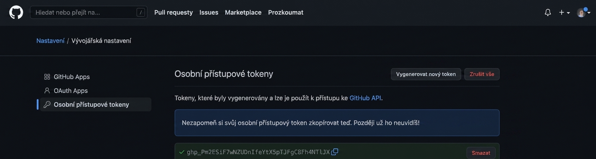 PAT zobrazený jako kombinace písmen a číslic, který lze zkopírovat