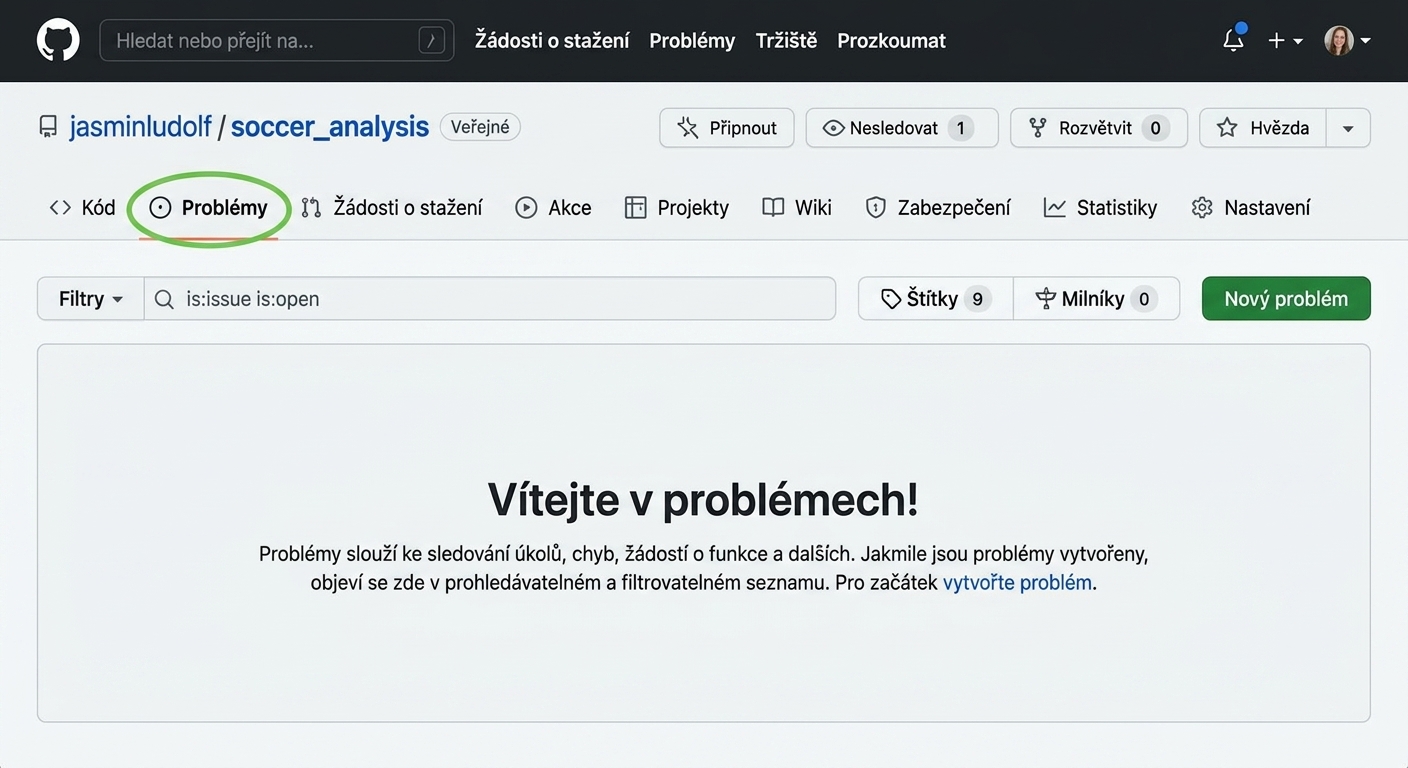 Zobrazení repozitáře pro analýzu fotbalu se zvýrazněnou záložkou Problémy