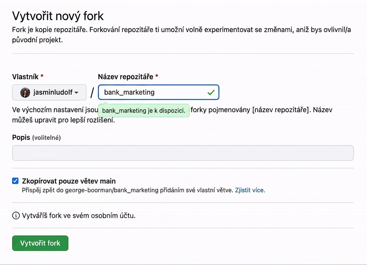 Animovaný obrázek znázorňující změnu názvu forknutého repozitáře z bank marketing na bank marketing jasmin.