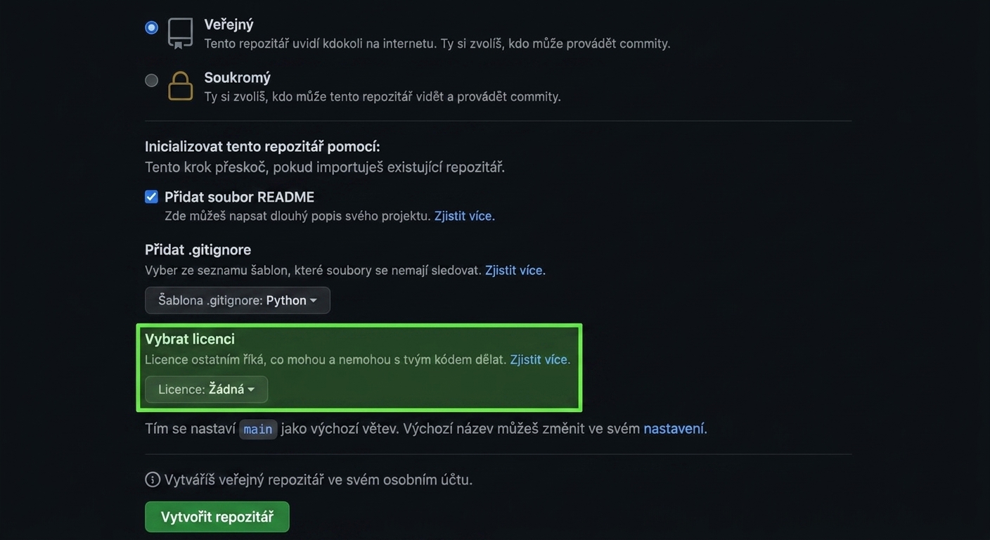 Zobrazení stránky pro vytvoření nového repozitáře se zvýrazněnou možností licence