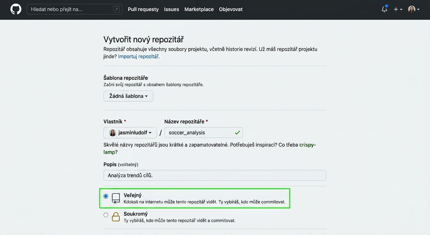 Zobrazení stránky pro vytvoření nového repozitáře na GitHubu se zvýrazněnou možností veřejného repozitáře