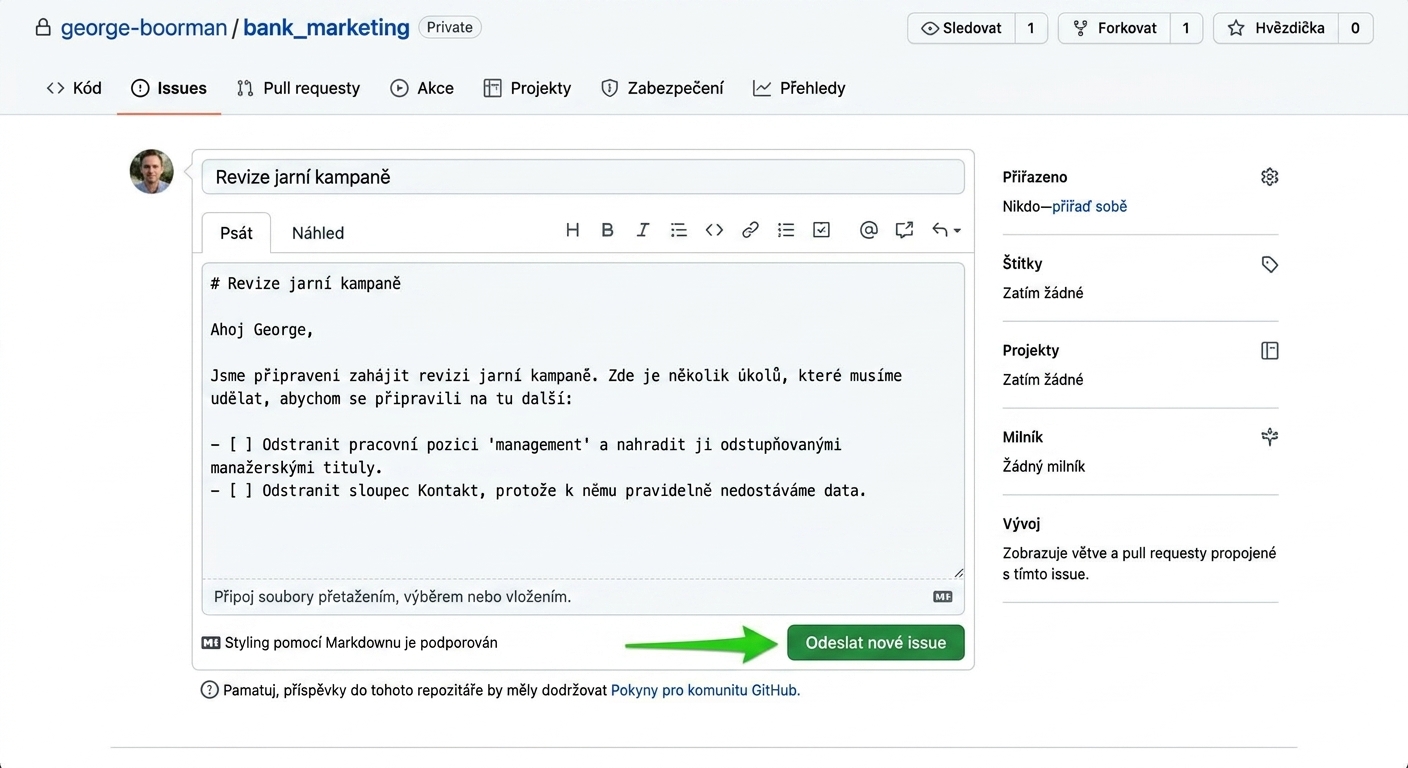 Zobrazení při vytváření nového problému s vyplněným názvem, textem a zvýrazněným tlačítkem pro odeslání