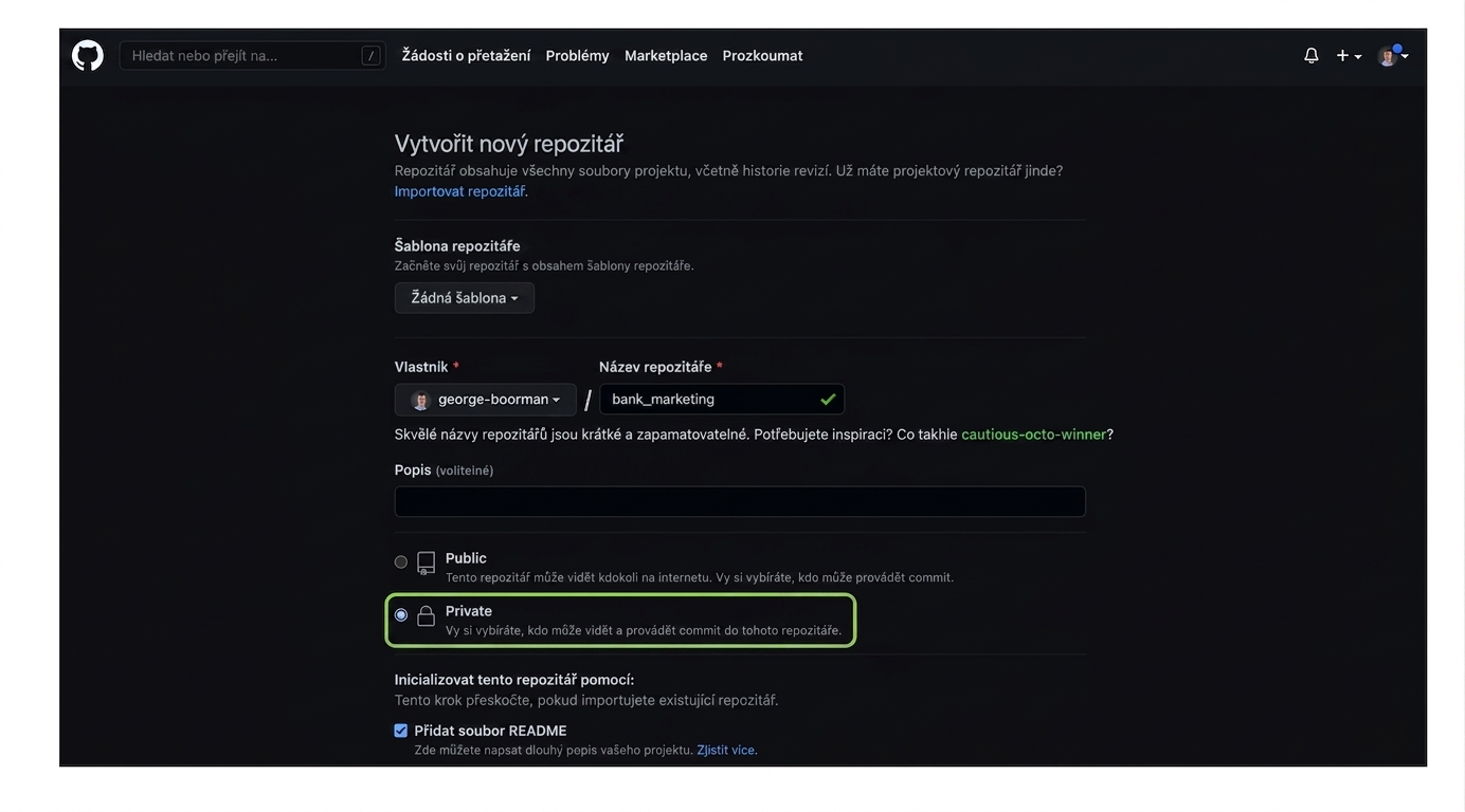 Vytváření soukromého repozitáře s názvem bank marketing