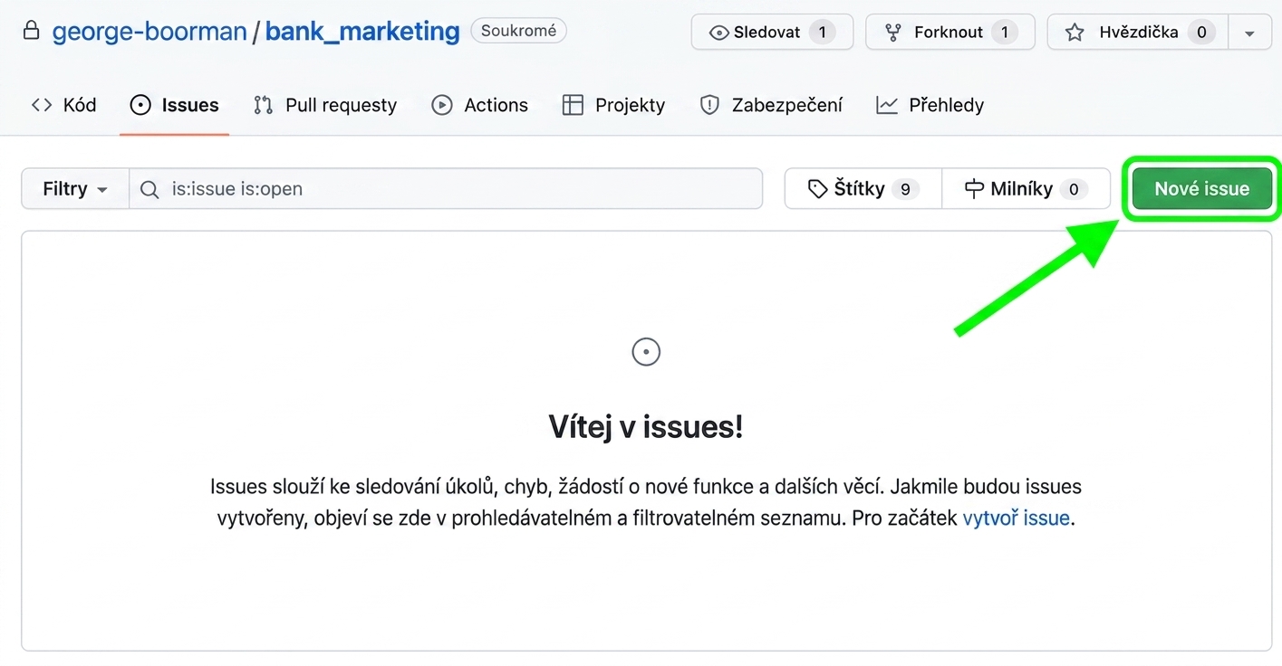 Zobrazení stránky s problémy se zvýrazněným tlačítkem Nový problém