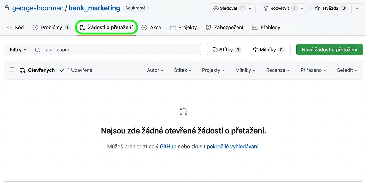 Pohled na záložku Pull requests