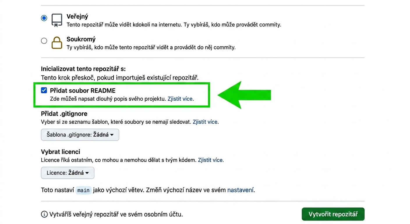 Zobrazení stránky pro vytvoření nového repozitáře se zvýrazněnou možností přidání souboru README