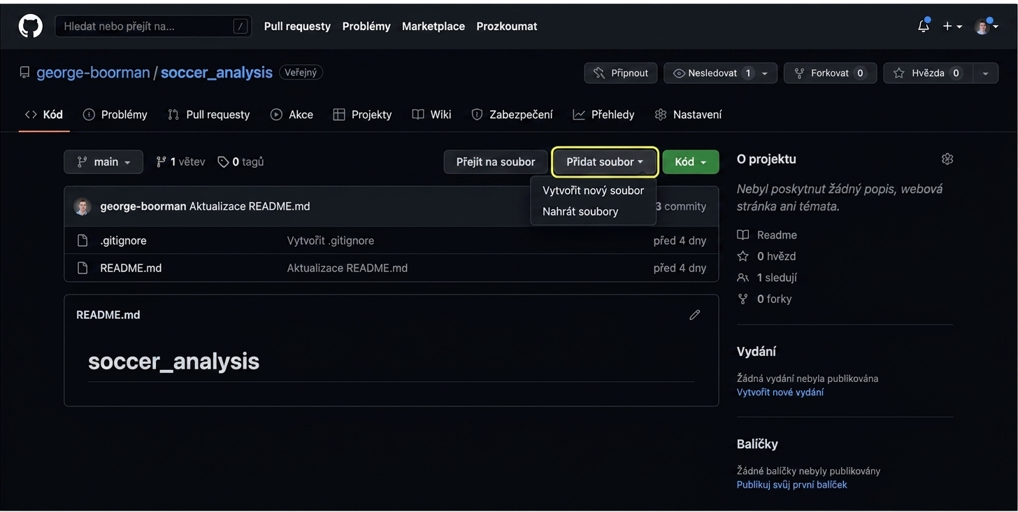 Sekce Code v repozitáři GitHub se zvýrazněným tlačítkem Add file