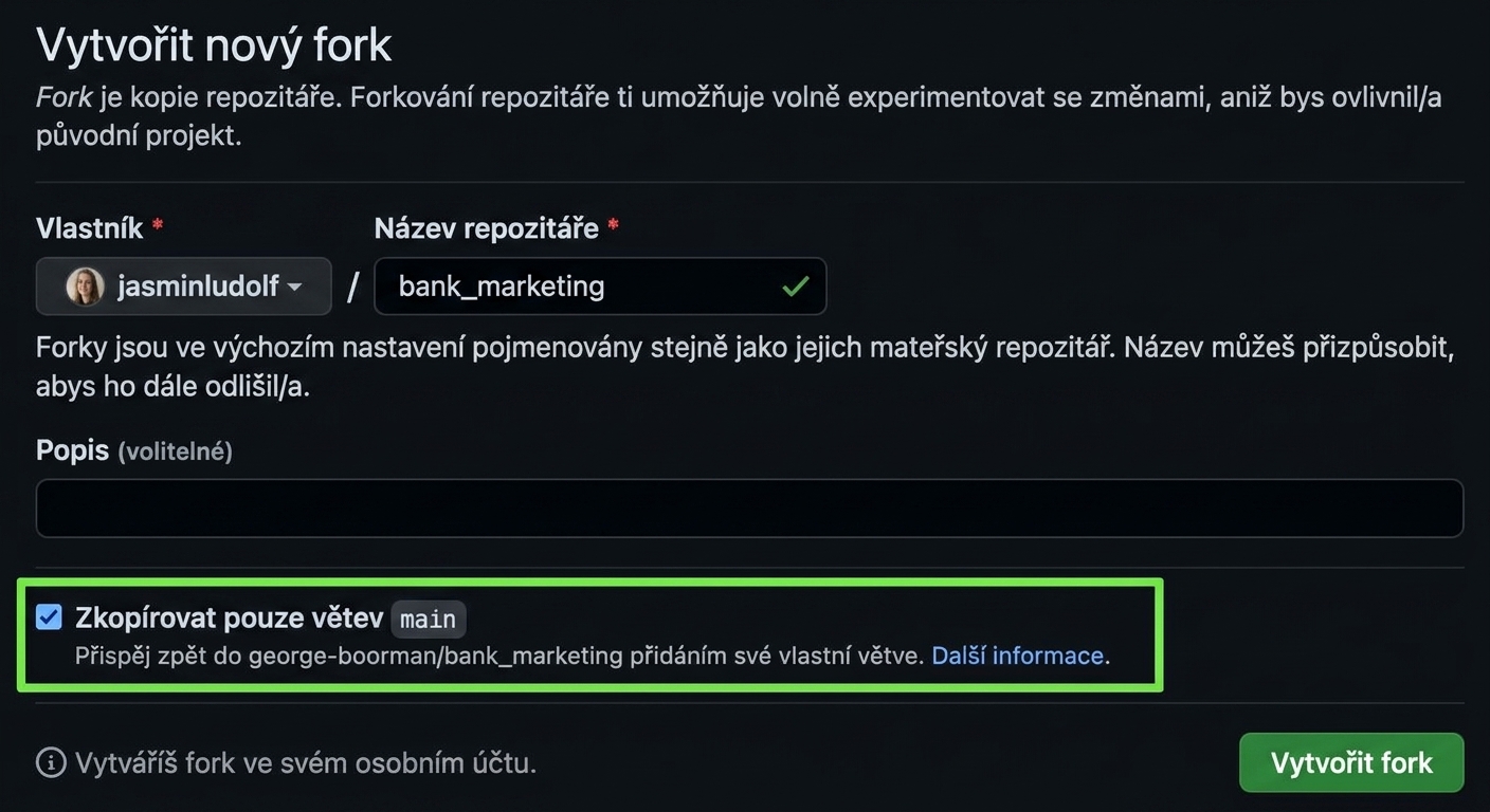 Zobrazení stránky pro vytvoření nového forku se zvýrazněnou sekcí větví