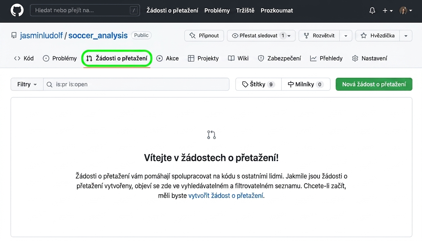 Zobrazení repozitáře pro analýzu fotbalu se zvýrazněnou záložkou Pull Requesty