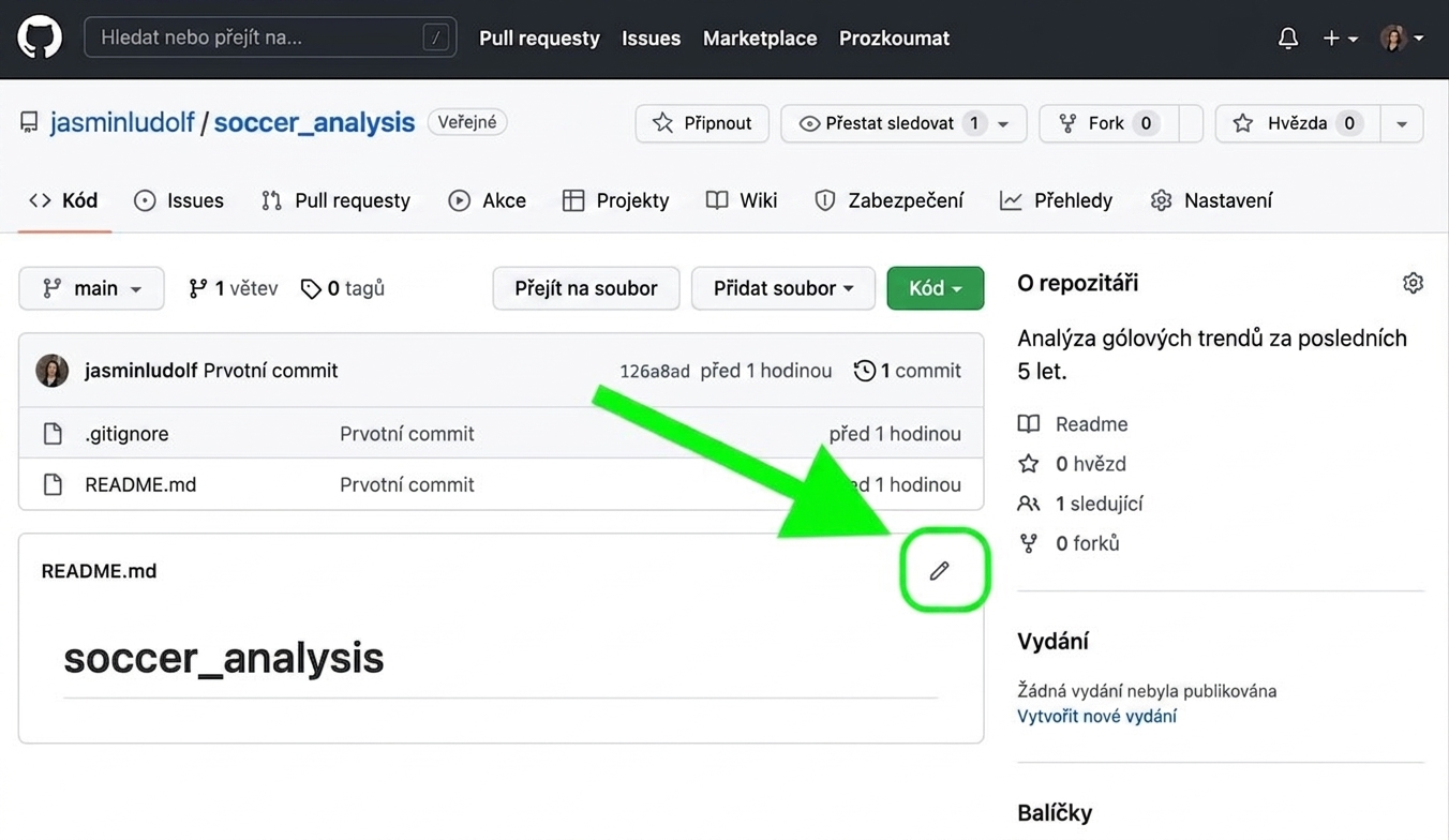 Zobrazení repozitáře pro analýzu fotbalu se zvýrazněnou ikonou tužky pro úpravu souboru README