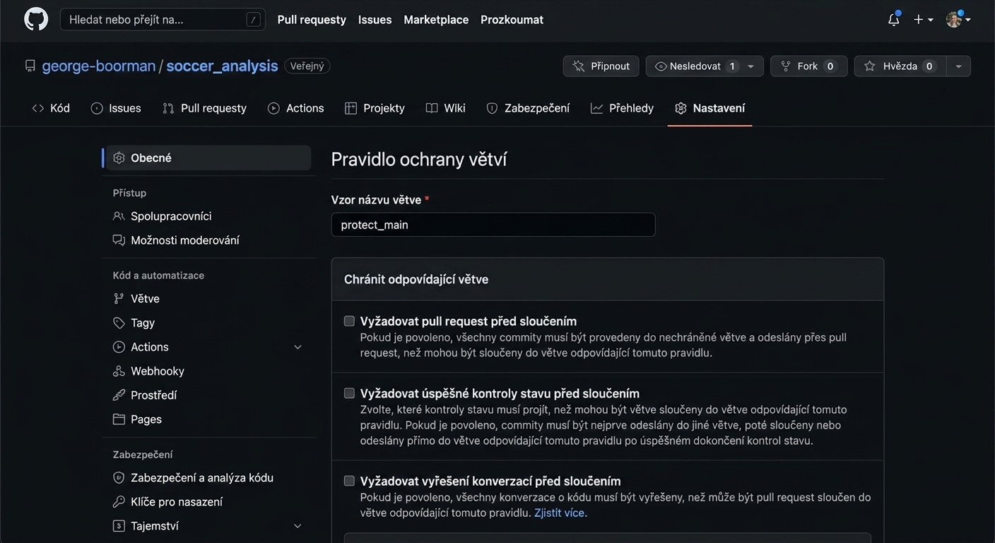 Video kliknutí na Vyžadovat pull request před sloučením