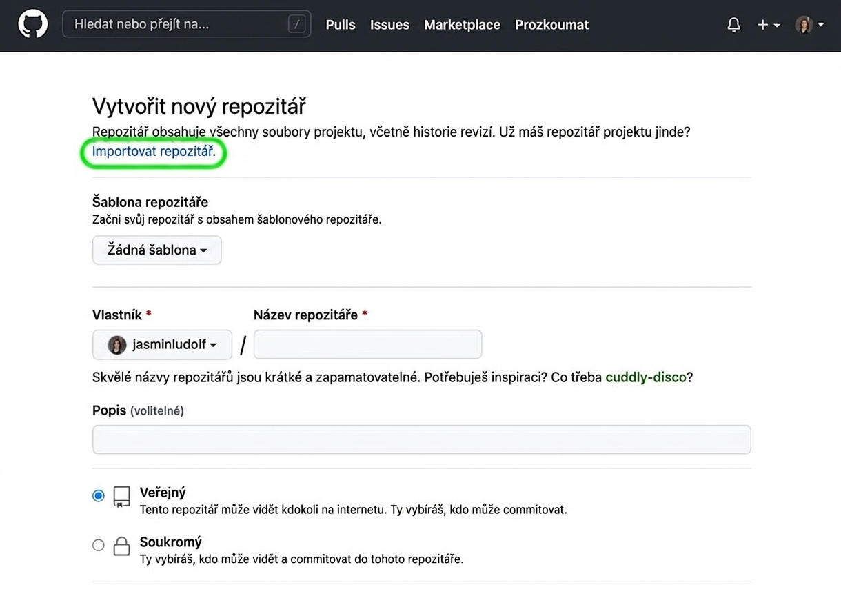 Zobrazení stránky pro vytvoření nového repozitáře na GitHubu se zvýrazněnou možností importu