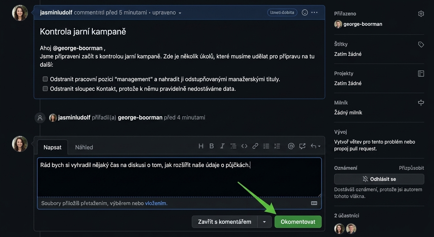 Zobrazení přidání komentáře k existujícímu problému