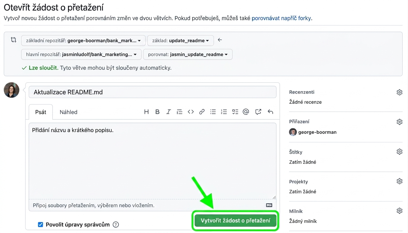Zobrazení otevření pull requestu se zvýrazněným tlačítkem pro vytvoření