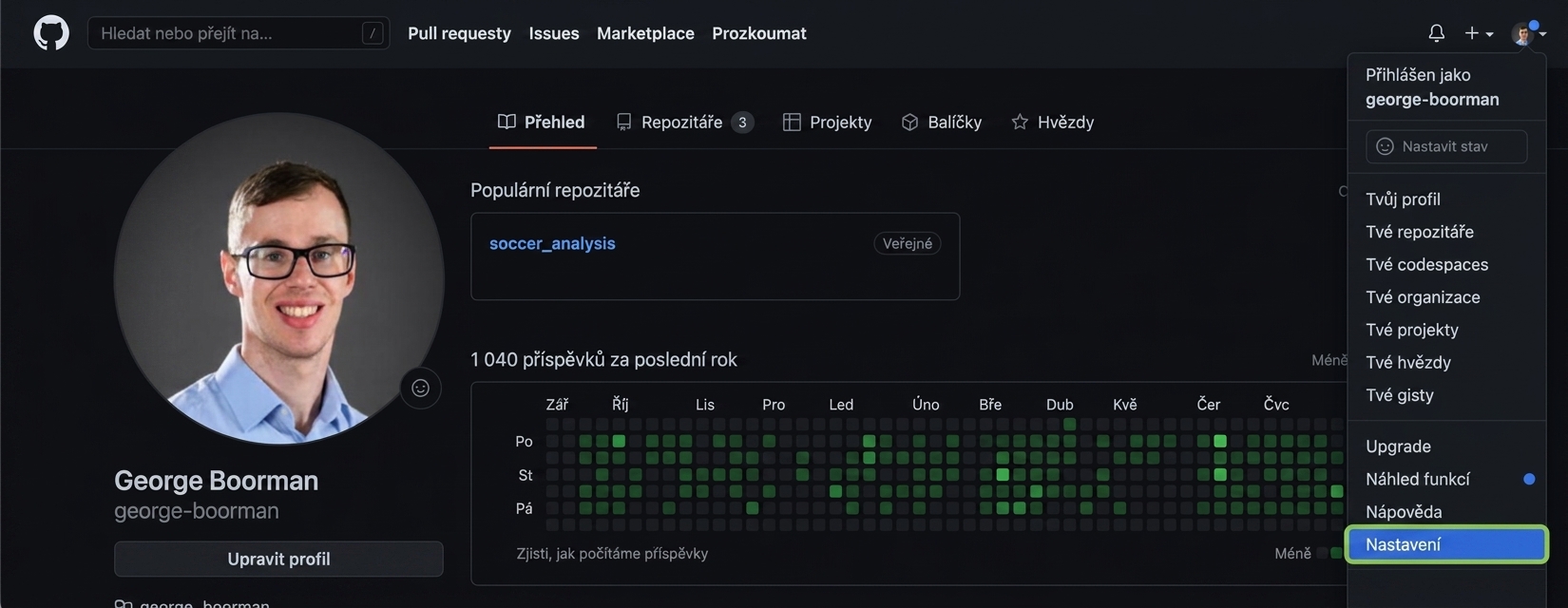 Přístup do sekce nastavení z profilové stránky