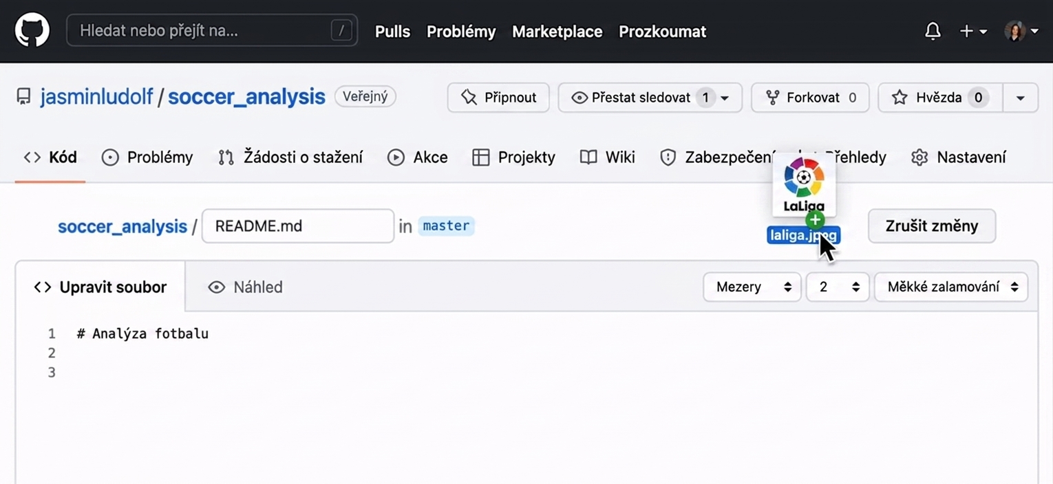 Animované zobrazení přetažení obrázku do souboru Markdown s automatickým vykreslením syntaxe GitHubem