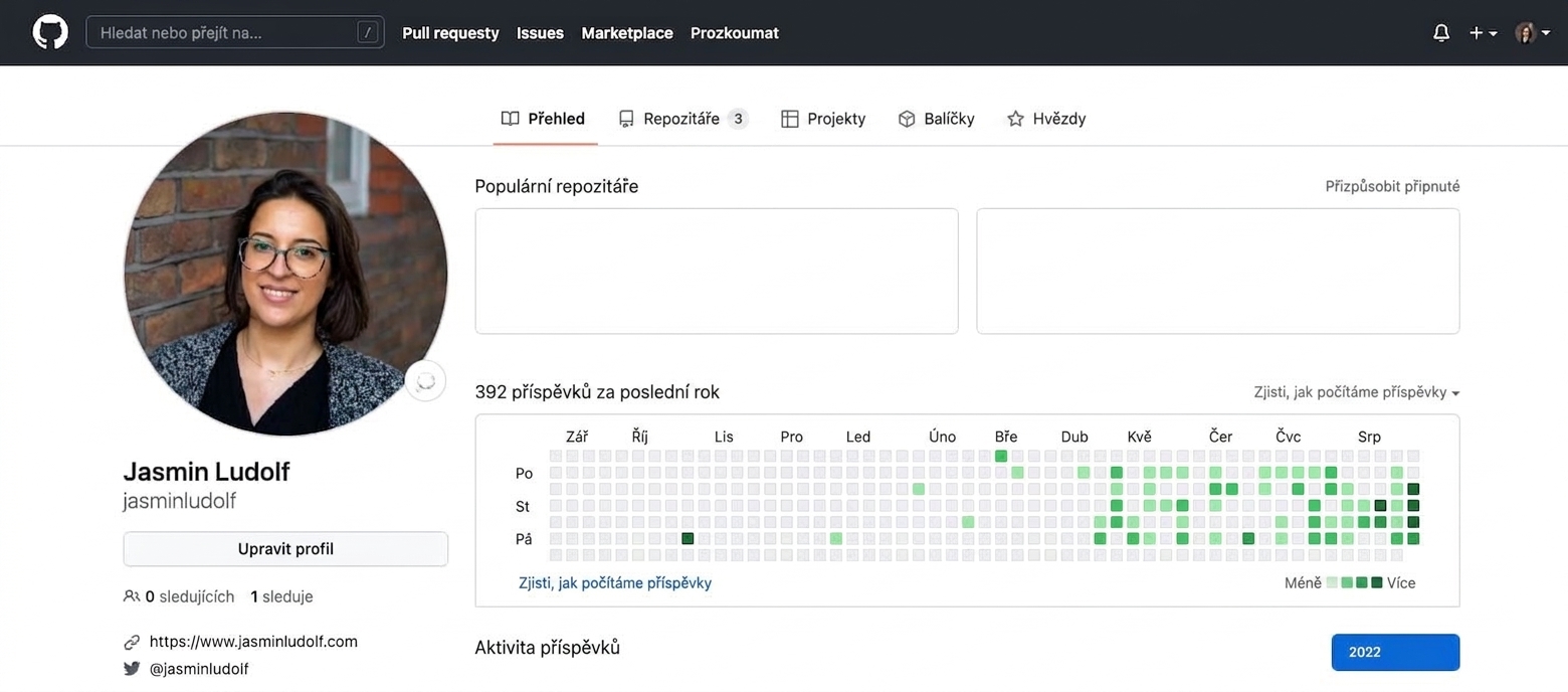 Snímek obrazovky profilu na GitHubu se zeleným kroužkem kolem záložky Repositories