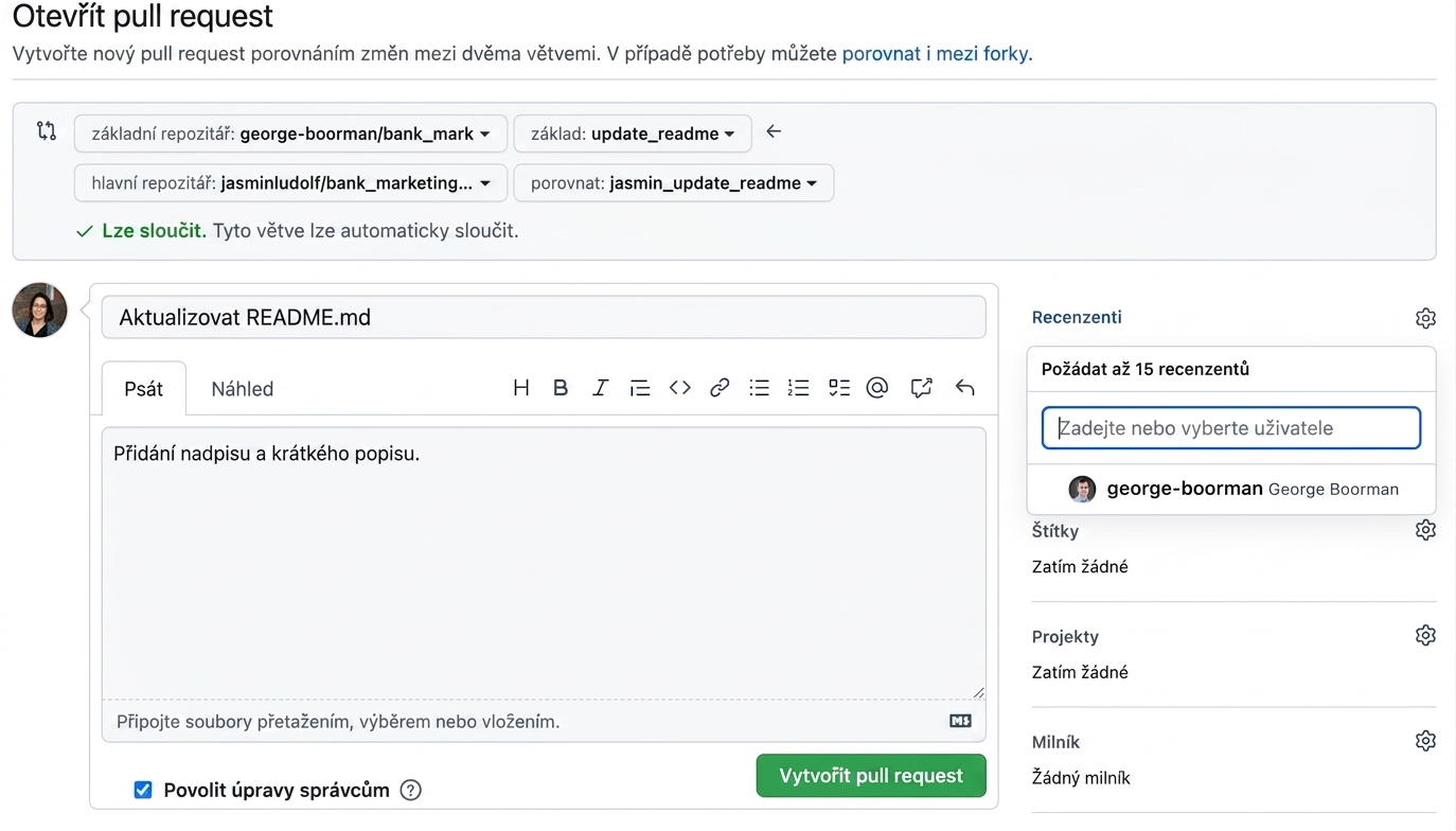Pohled na pull request s viditelnou sekcí recenzenta