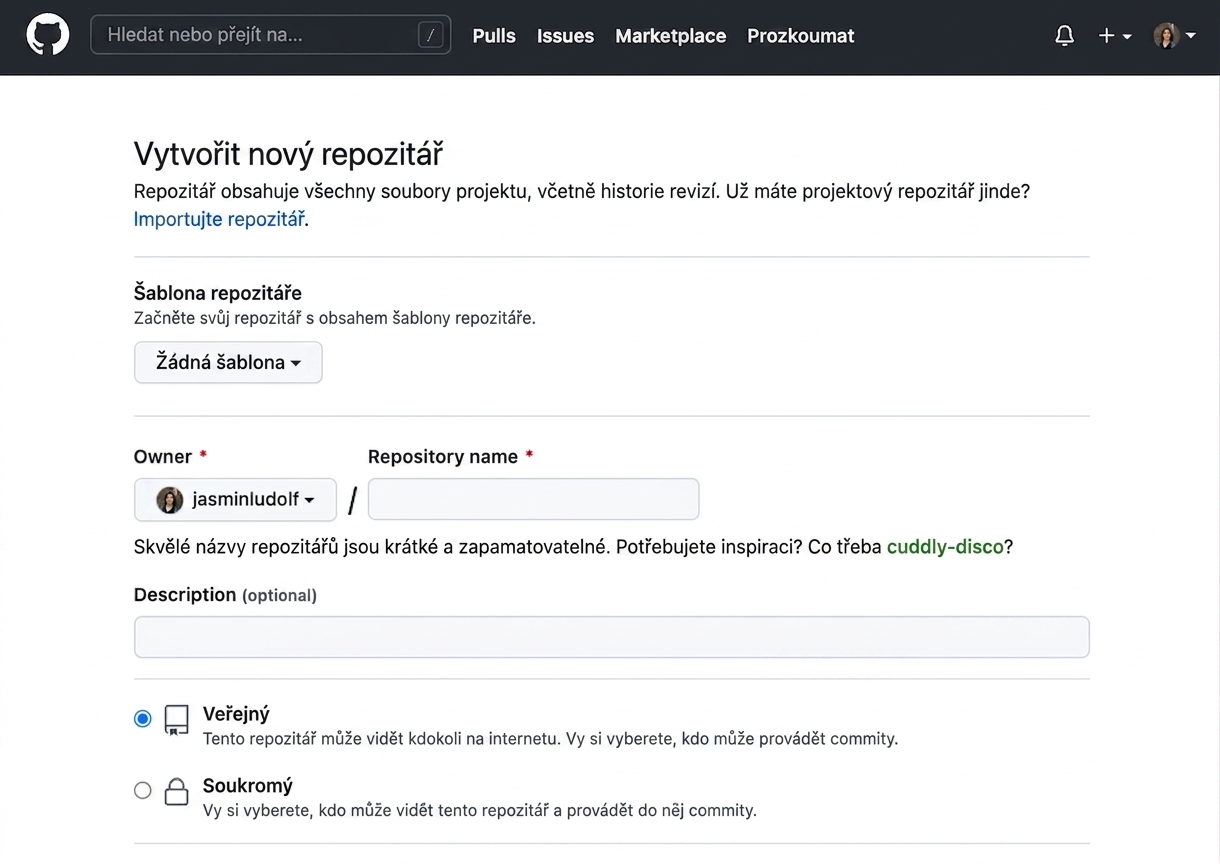 Zobrazení stránky pro vytvoření nového repozitáře na GitHubu