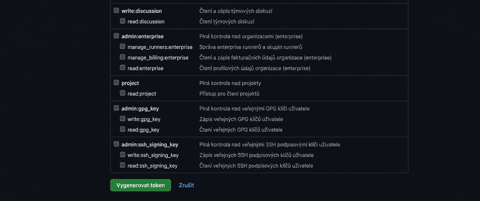 Tlačítko Generate token