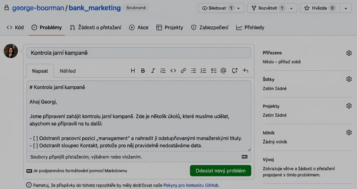 Zobrazení při vytváření nového problému s vyplněným názvem a textem