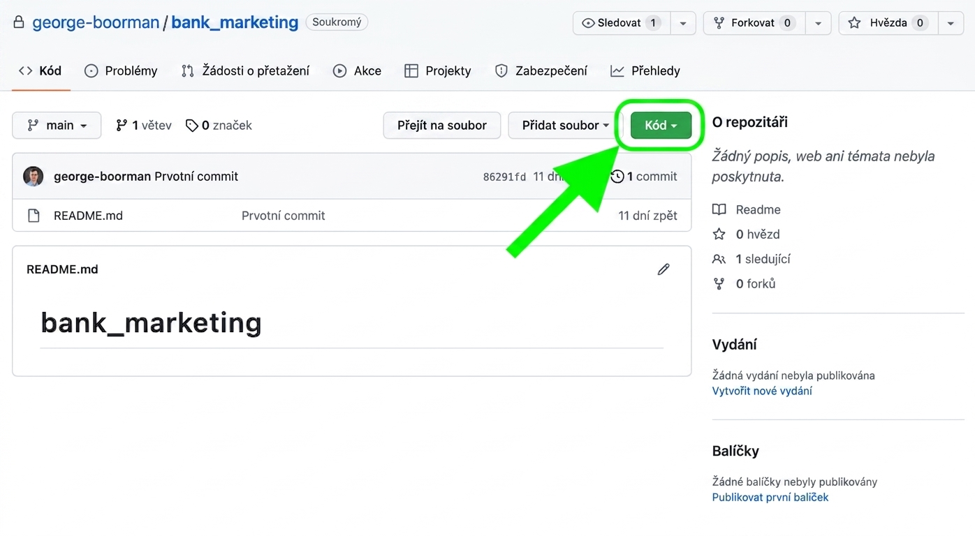 Zobrazení repozitáře bank marketing se zeleným kroužkem kolem tlačítka Code a šipkou ukazující na něj.
