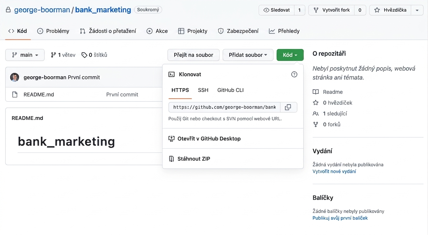 Zobrazení rozevírací nabídky po kliknutí na tlačítko Code v repozitáři GitHub.