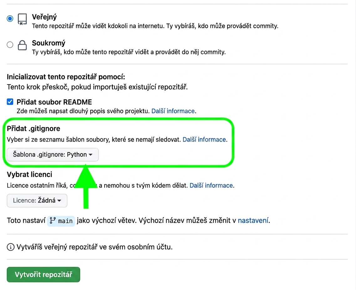 Zobrazení stránky pro vytvoření nového repozitáře se zvýrazněnou možností .gitignore a vybranou šablonou Python