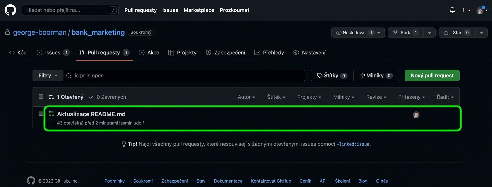 Pohled vlastníka na záložku PR se zvýrazněným kliknutím na PR
