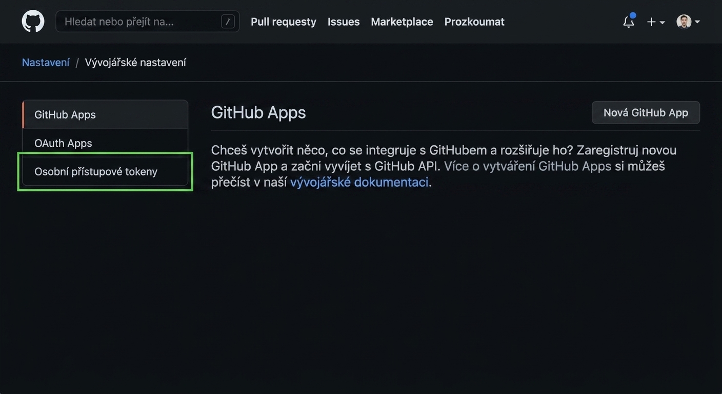 Stránka Developer settings se třemi možnostmi: GitHub Apps, OAuth Apps a Personal access tokens