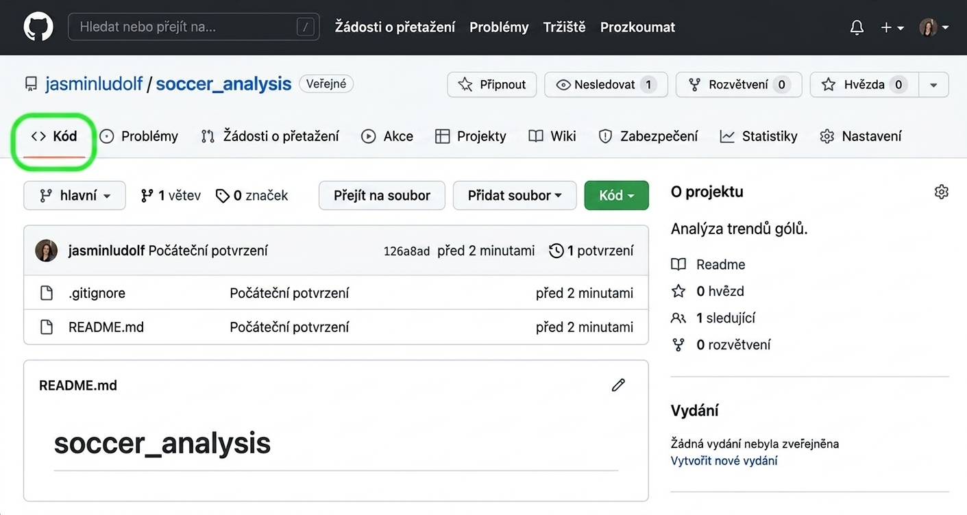 Zobrazení repozitáře pro analýzu fotbalu se zvýrazněnou záložkou Kód