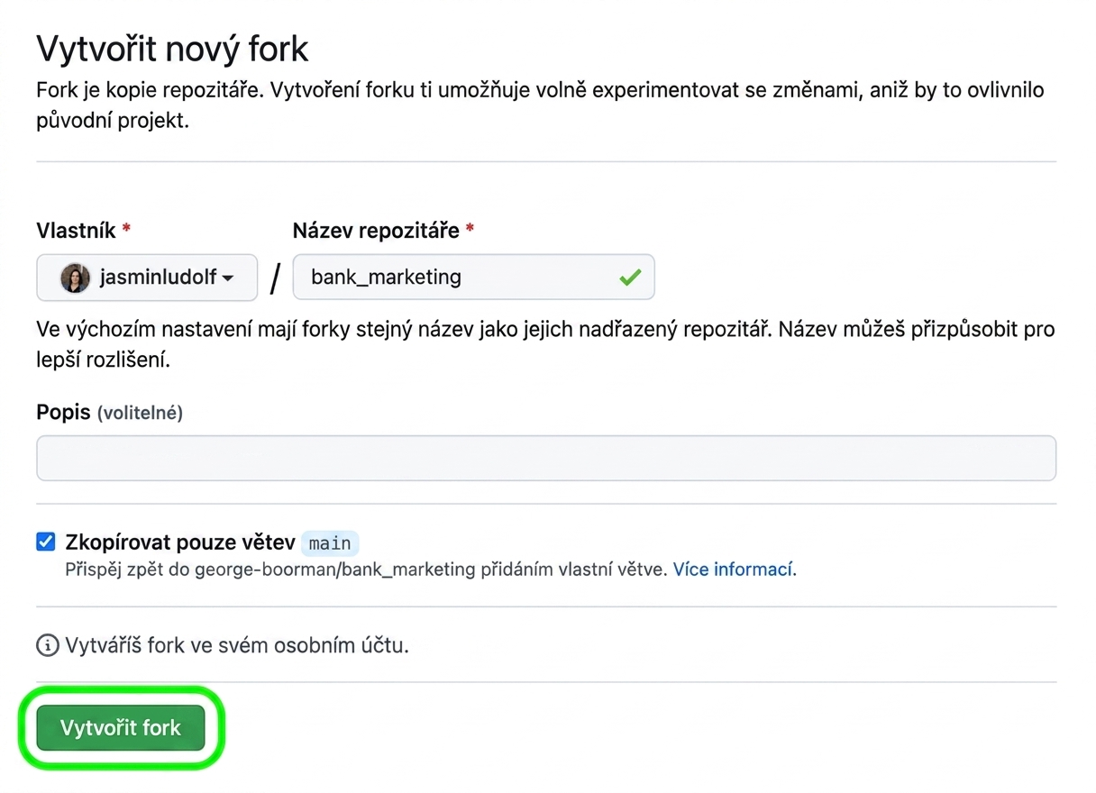 Zobrazení stránky pro vytvoření nového forku se zvýrazněným tlačítkem Create fork