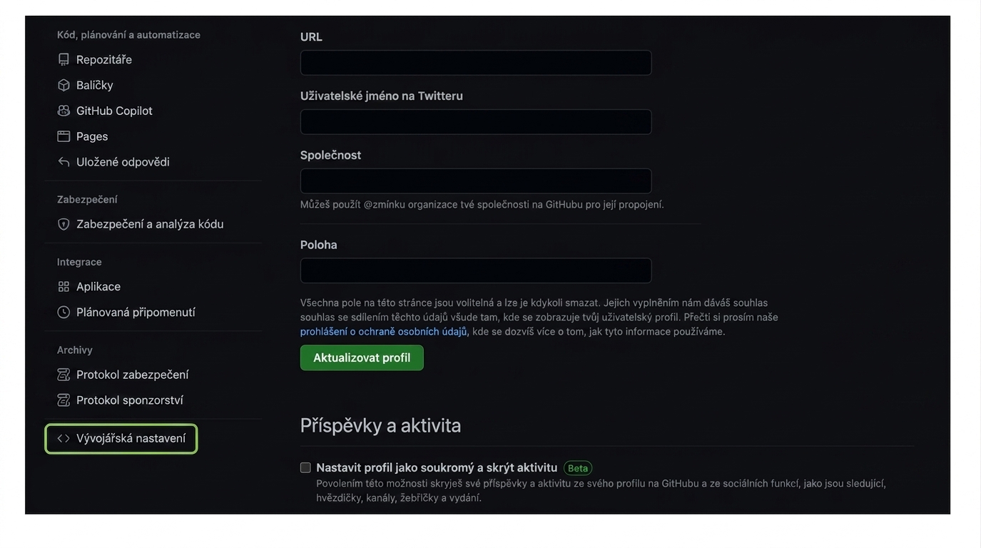 Sekce Developer settings na stránce nastavení