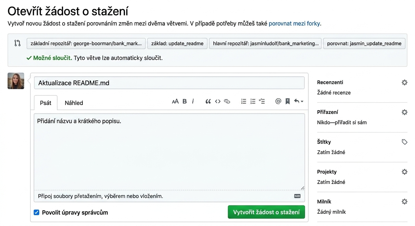 Zobrazení formuláře pro doplnění detailů pull requestu
