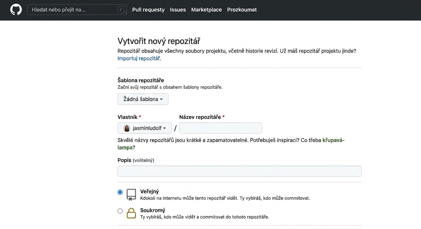 Animované zobrazení stránky pro vytvoření nového repozitáře s vyplňovaným názvem a popisem